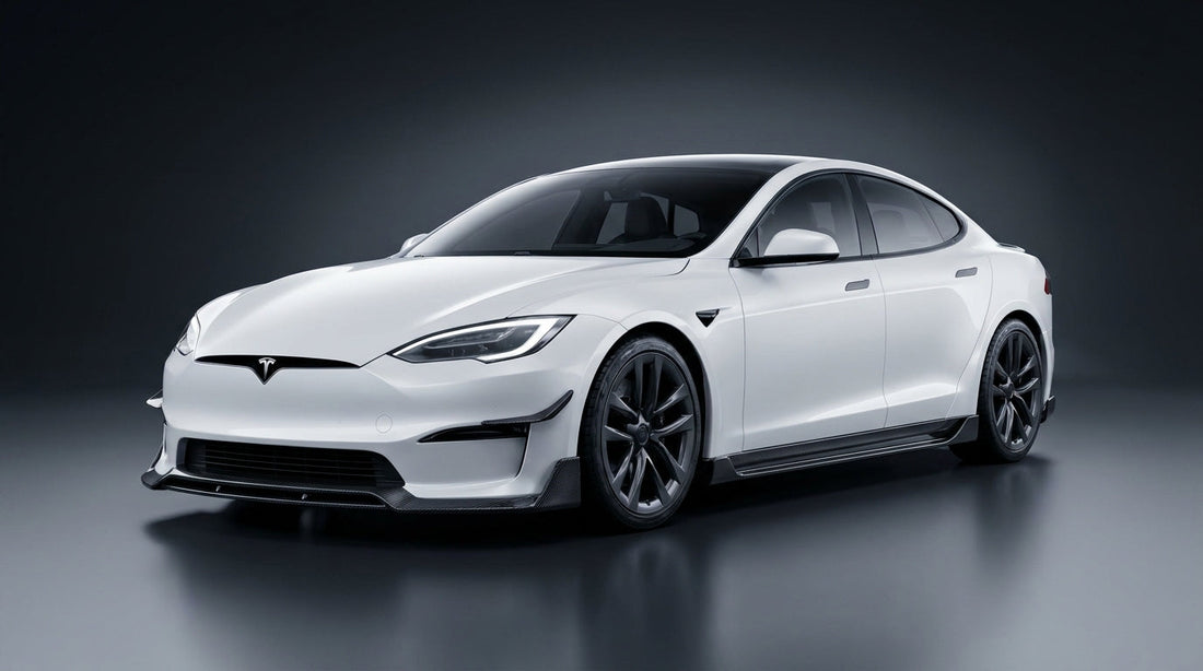 White 2023 Tesla Model S fitted with a CMST dry carbon fibre front lip, side skirts and rear diffuser, 3/4 front low angle in a studio
