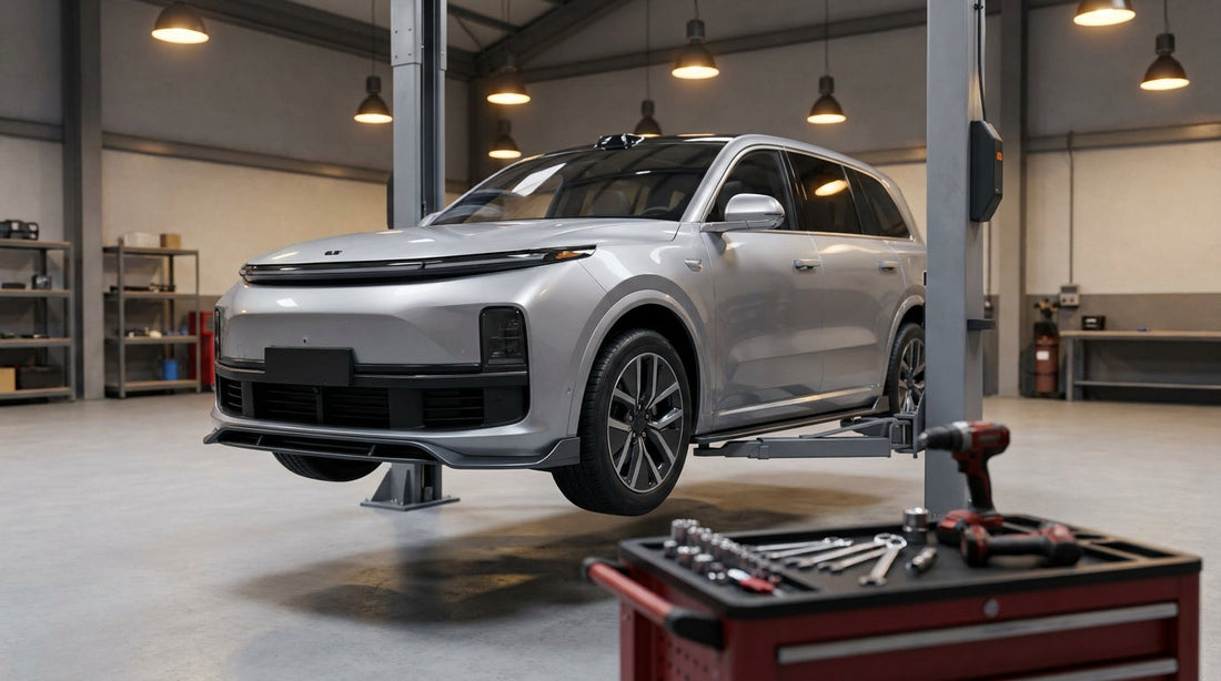 Li Auto MEGA in a clean workshop during body kit fitment, front three-quarter on a hoist