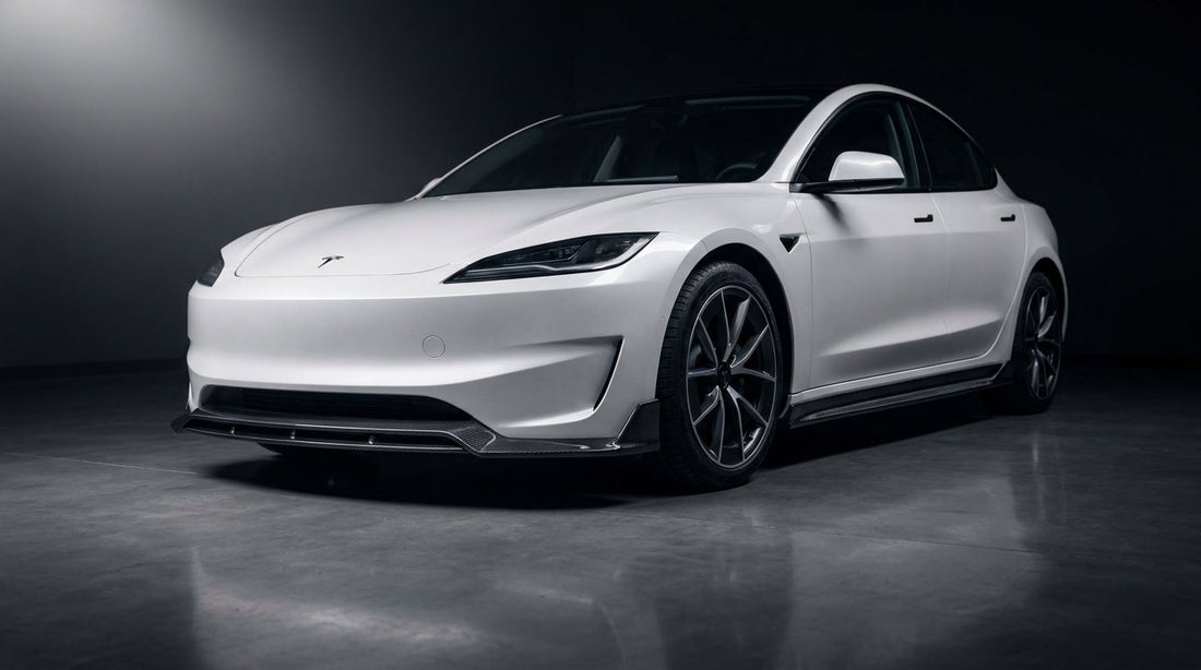 2025 Tesla Model 3 Performance in white with a CMST carbon fibre front lip and side skirts, 3/4 front low angle in a studio