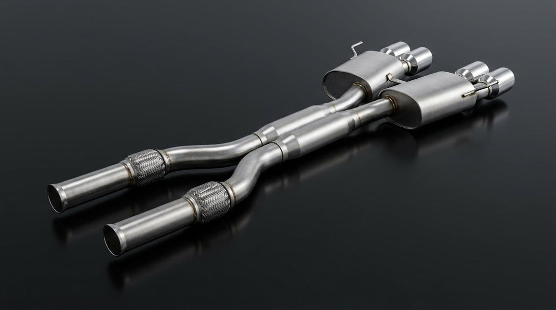 CMST SUS304 stainless steel quad-tip cat-back exhaust for the Nissan GT-R R35, studio product hero