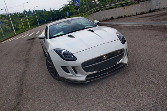 White Jaguar F-Type coupe with CMST carbon front lip, side-skirt lips, diffuser and wing, low front three-quarter hero