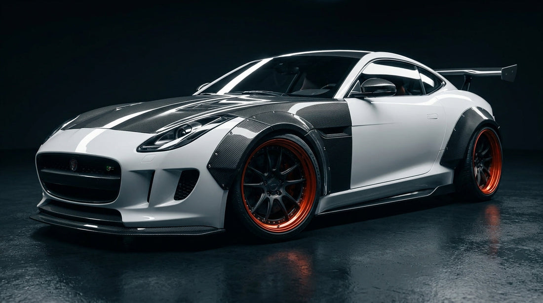 White Jaguar F-Type coupe with full CMST carbon-fibre widebody kit, bolt-on arches and forged wheels, low front three-quarter hero