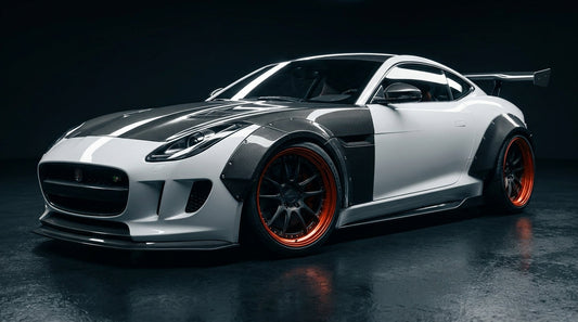 White Jaguar F-Type coupe with full CMST carbon-fibre widebody kit, bolt-on arches and forged wheels, low front three-quarter hero