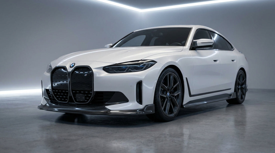 White BMW i4 G26 Gran Coupe with CMST carbon front lip and side skirts, low front three-quarter studio shot