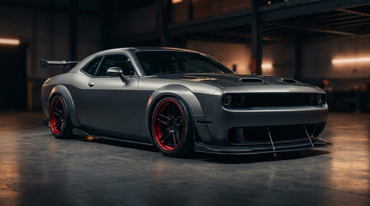 2015 Dodge Challenger in gunmetal grey wearing the CMST carbon aero kit and widebody arches on two-piece forged wheels, front three-quarter low angle