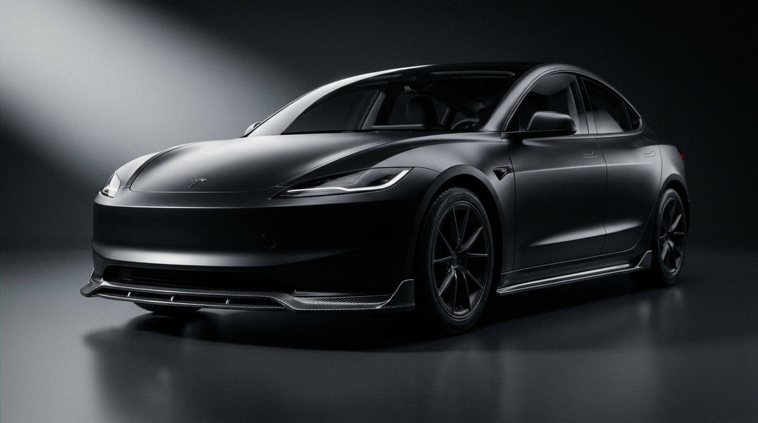 2024 Tesla Model 3 Highland in matte black with a CMST carbon fibre front lip and side skirts, 3/4 front low angle in a studio