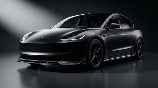 2024 Tesla Model 3 Highland in matte black with a CMST carbon fibre front lip and side skirts, 3/4 front low angle in a studio