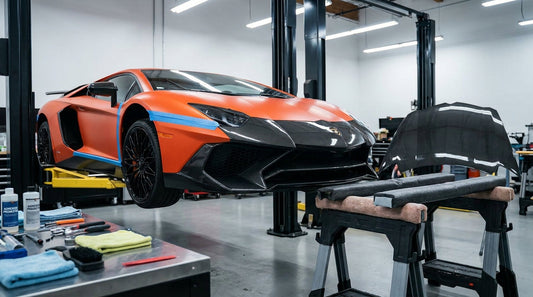Lamborghini Aventador on a workshop hoist mid-installation with a CMST carbon front bumper and bonnet being fitted