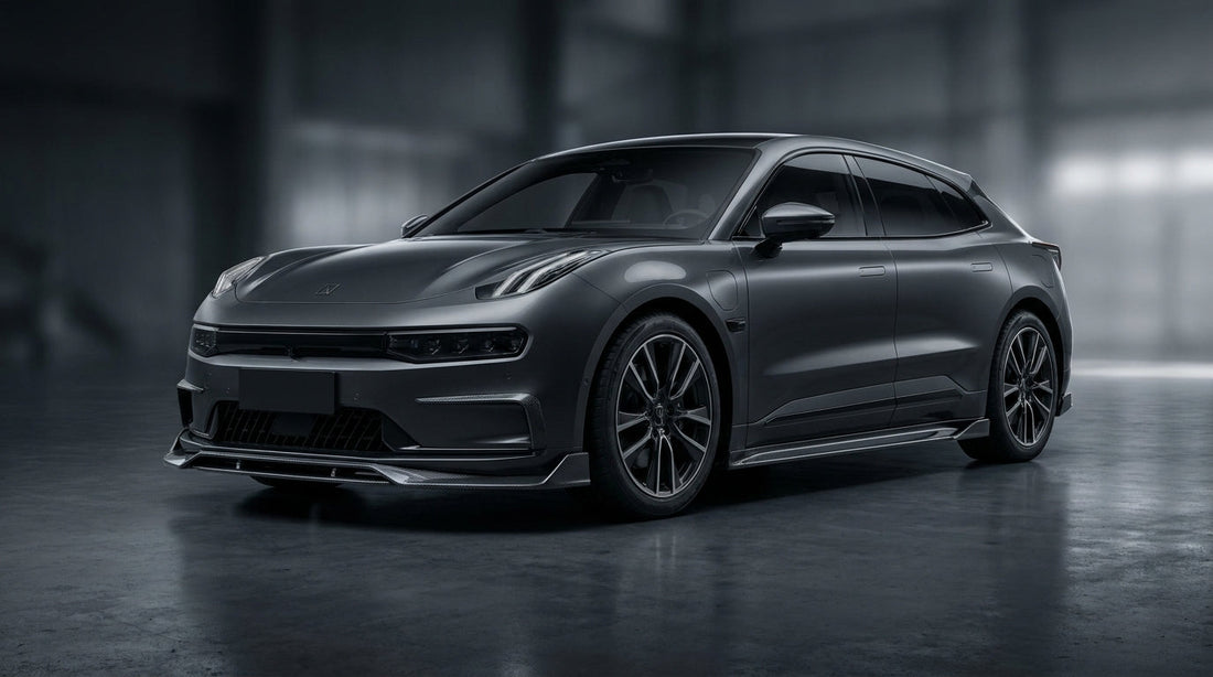 2024 Zeekr 001 in dark grey with CMST dry carbon fibre body kit, front lip, canards, and side skirts visible, workshop lighting