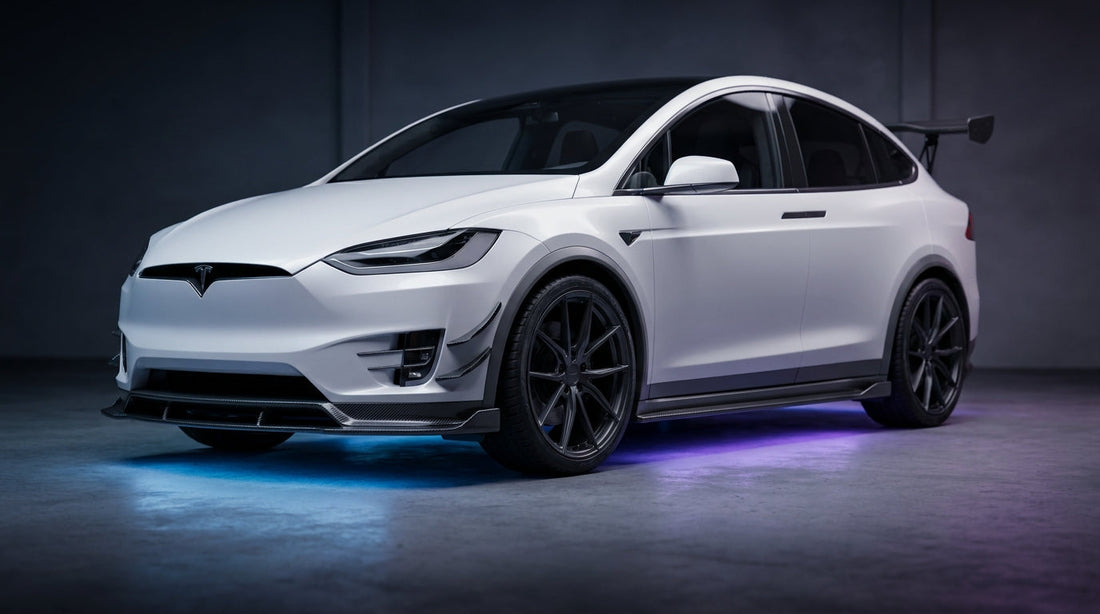 CMST Tesla Model X carbon fibre body kit in Pearl White, low front three-quarter angle, dramatic studio lighting