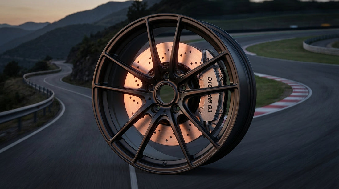 A close-up of a high-performance brake system featuring D1Cardiff G3 brake pads and a glowing rotor for street and track driving.