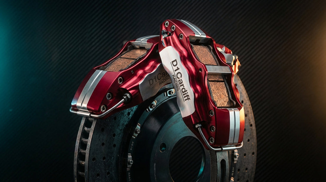 A professional studio display of a D1Cardiff high-performance racing brake system including a red caliper, slotted rotor, and premium brake pads.