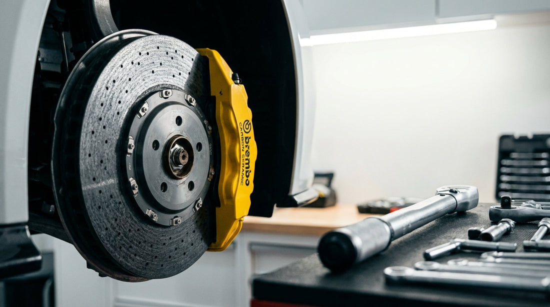 Close-up of a carbon ceramic brake rotor and yellow caliper being installed on a performance car in a workshop setting.