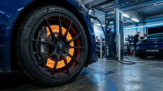 Close-up of a carbon ceramic brake rotor on an electric vehicle showing heat dissipation after DC fast charging.