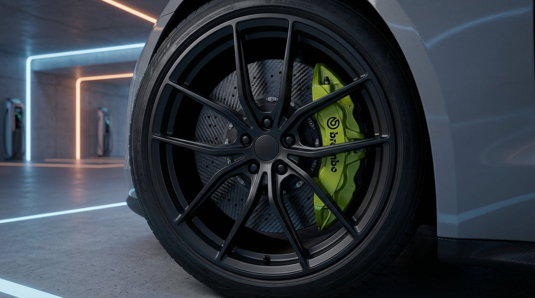 Close-up of a high-performance carbon ceramic brake system on a modern electric vehicle highlighting the lightweight composite rotor and multi-piston caliper.