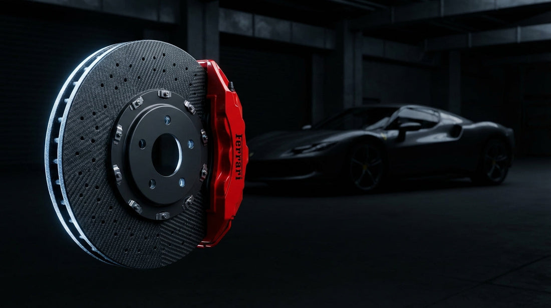 Close-up of a high-performance carbon ceramic brake rotor and red caliper on a Ferrari sports car