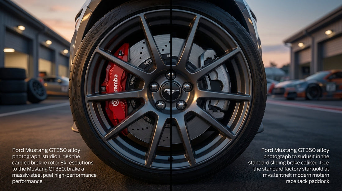 Close-up comparison of a performance Brembo brake system versus stock brakes on a Ford Mustang GT350 with red calipers and slotted rotors.
