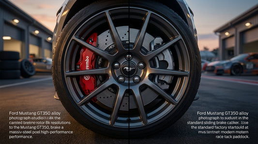 Close-up comparison of a performance Brembo brake system versus stock brakes on a Ford Mustang GT350 with red calipers and slotted rotors.