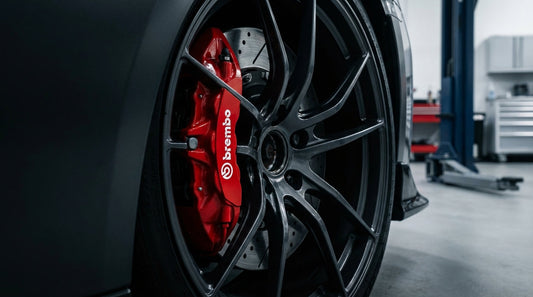 Close-up of a high-performance red Brembo brake caliper and ventilated disc rotor on a vehicle, representing genuine automotive safety parts in Australia.