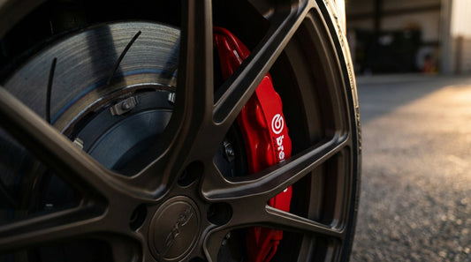Close-up of a red Brembo brake caliper and slotted rotor on a performance car illustrating the proper bedding-in transfer layer.