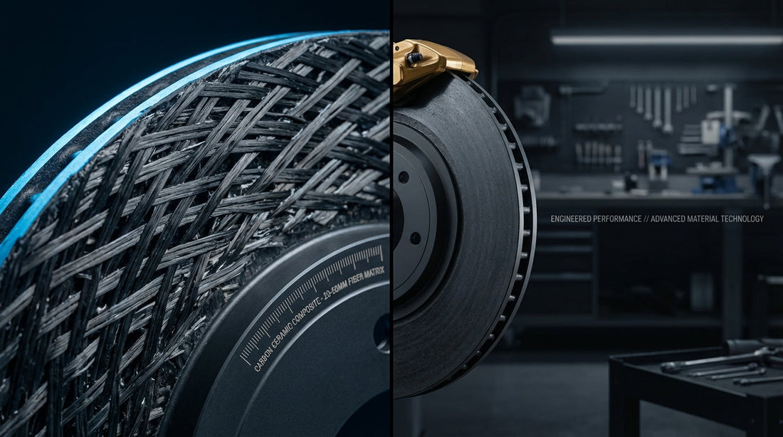 Detailed macro comparison of long fibre versus short fibre carbon ceramic brake rotor material showing the interlocking structural matrix.