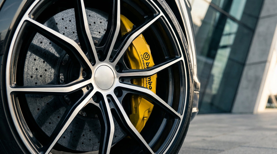 Detailed close-up of a high-performance carbon ceramic brake rotor and yellow caliper on a luxury performance SUV.