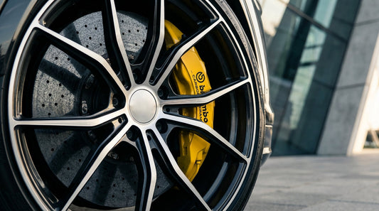 Detailed close-up of a high-performance carbon ceramic brake rotor and yellow caliper on a luxury performance SUV.