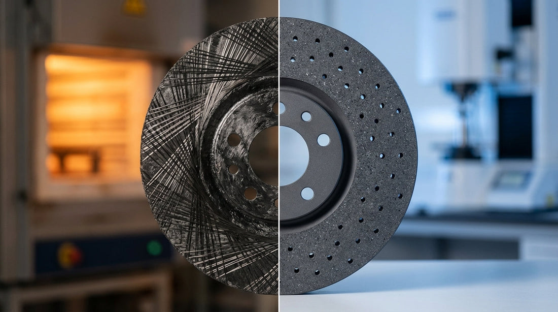 A professional close-up of a carbon ceramic brake rotor showing the manufacturing transition from raw carbon fiber to a finished silicon carbide disc in a high-tech factory.