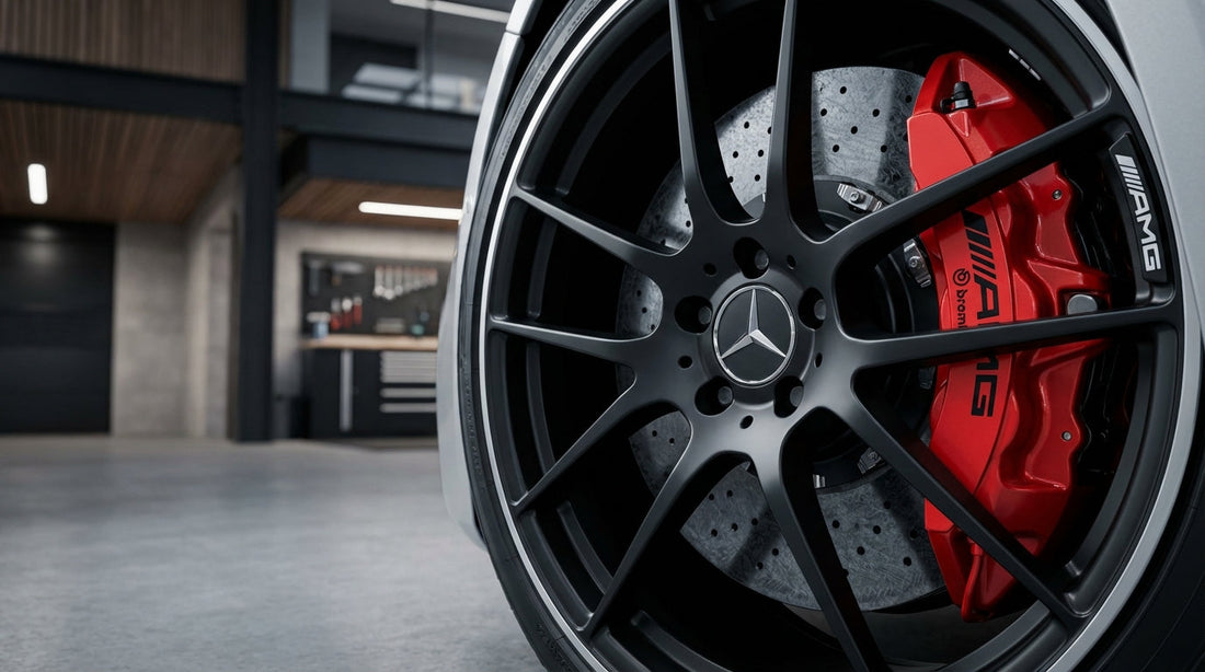 Close-up of a red Mercedes-AMG Brembo brake caliper and cross-drilled performance rotor on a high-performance vehicle.