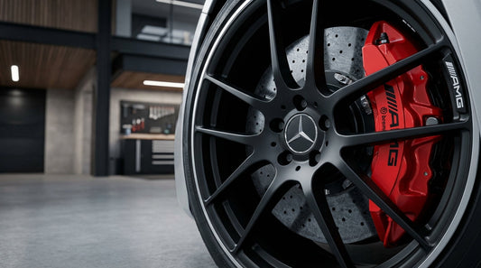 Close-up of a red Mercedes-AMG Brembo brake caliper and cross-drilled performance rotor on a high-performance vehicle.