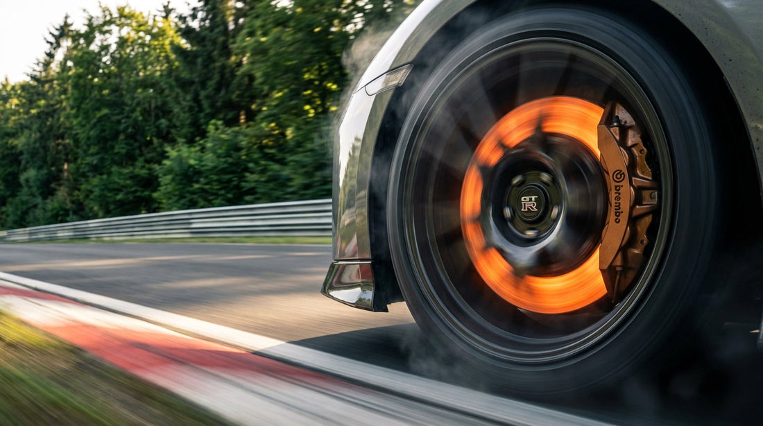 Close-up of a high-performance automotive brake system with a glowing rotor on a car racing at the Nürburgring Nordschleife circuit.
