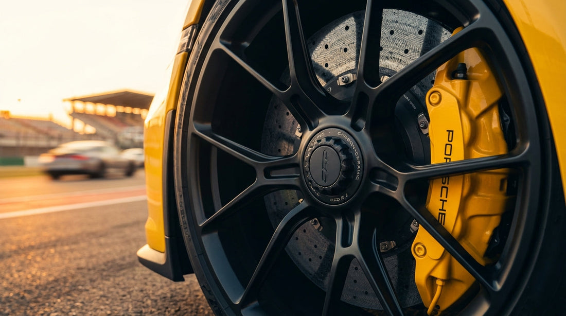 Detailed close-up of a Porsche 911 GT3 yellow PCCB brake caliper and carbon-ceramic rotor for high-performance track day optimization.