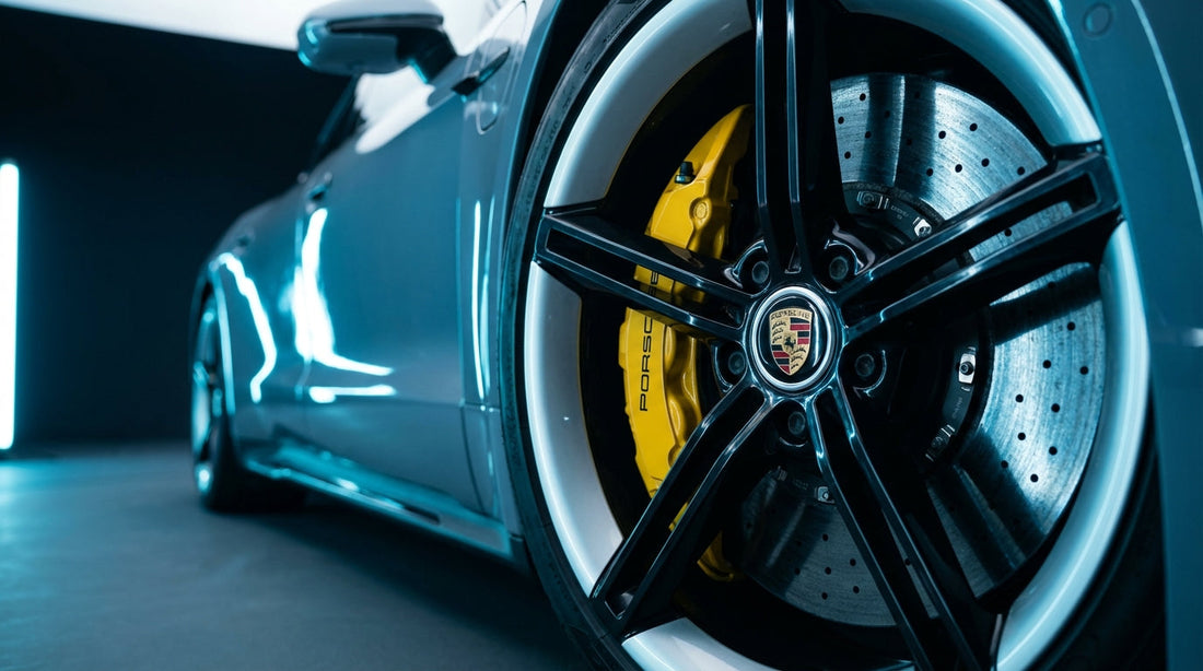 Close-up of Porsche Taycan yellow carbon ceramic brake calipers and high-performance rotors for Turbo and Turbo S models.