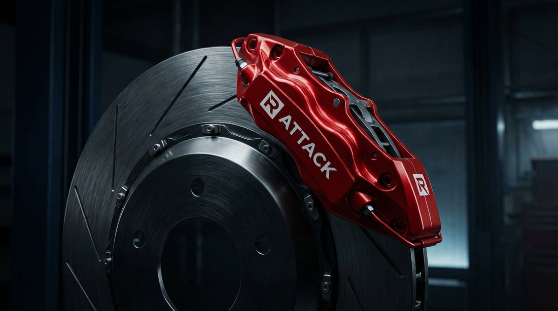 Close-up of a high-performance R Attack brake system featuring a red multi-piston caliper and a competition-grade slotted rotor for motorsport use.