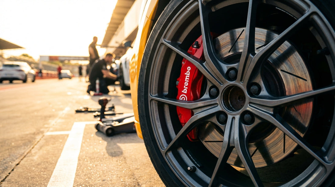 Close-up of a Renault Megane RS Brembo brake caliper and slotted rotor on a race track background