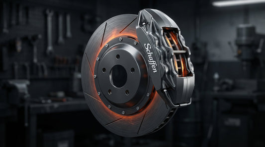 Close-up of a high-performance automotive braking system featuring Schaffen brake pads and a slotted disc rotor with cinematic lighting.