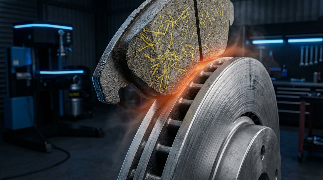 Close-up of a high-performance brake pad and glowing rotor assembly illustrating friction coefficients and aramid fiber technology.