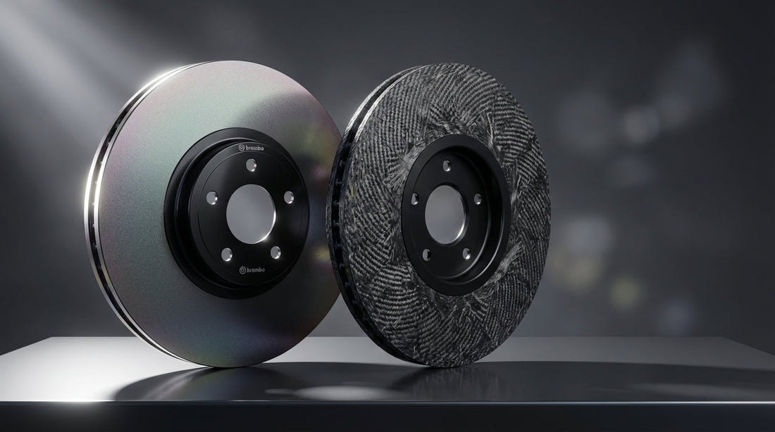 Side-by-side comparison of SiC coated CCB and uncoated CCM carbon ceramic brake rotors showing the difference in surface texture and coating.