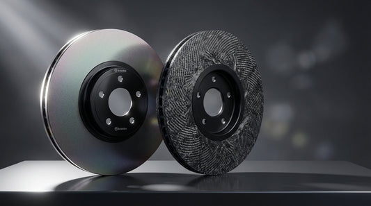 Side-by-side comparison of SiC coated CCB and uncoated CCM carbon ceramic brake rotors showing the difference in surface texture and coating.