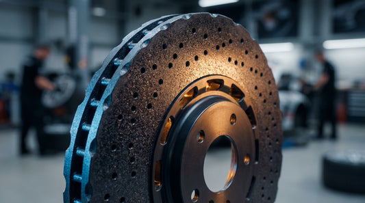 Close-up of an AME Motorsport carbon ceramic brake rotor with a thick Silicon Carbide SiC surface coating for extreme wear resistance and thermal performance.