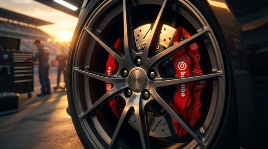 Close-up of a high-performance slotted brake rotor and red caliper on a car transitioning from street to racetrack environment.