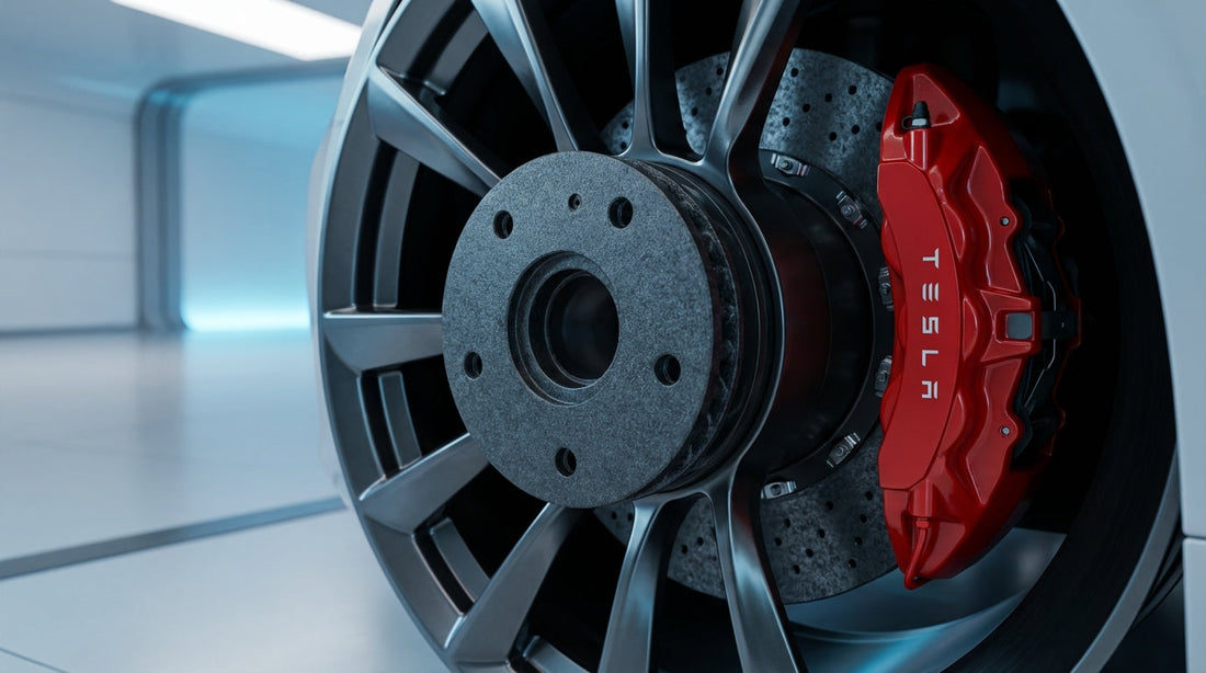 Close-up of a lightweight carbon ceramic brake rotor and red caliper on a Tesla Model S Plaid, highlighting performance and range efficiency upgrades.