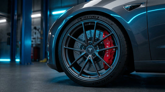 Close-up of a Tesla Model 3 Performance wheel featuring a red big brake kit and high-performance cross-drilled rotors.
