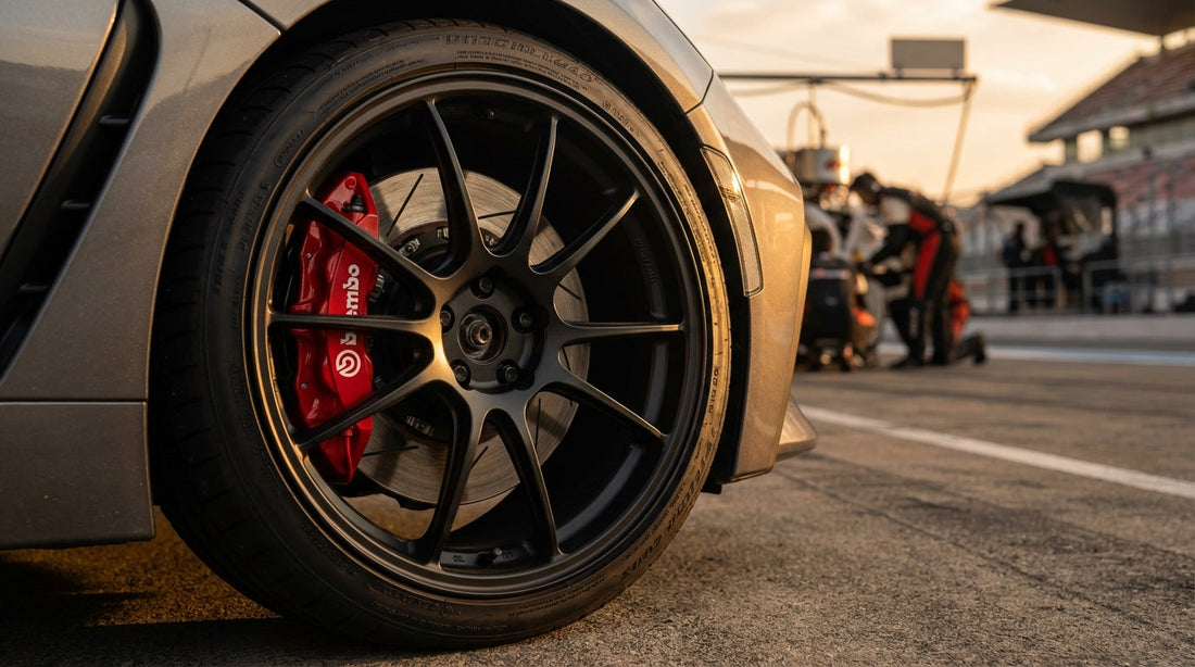 A close-up of a performance red Brembo brake caliper and slotted rotor upgrade on a Toyota GR86 with aftermarket wheels.