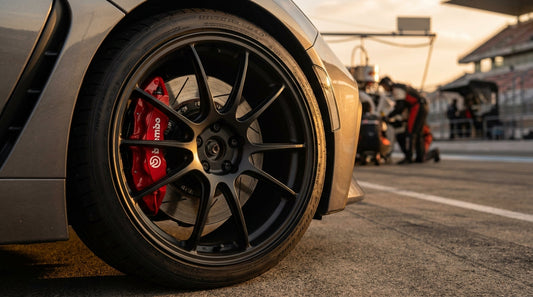 A close-up of a performance red Brembo brake caliper and slotted rotor upgrade on a Toyota GR86 with aftermarket wheels.