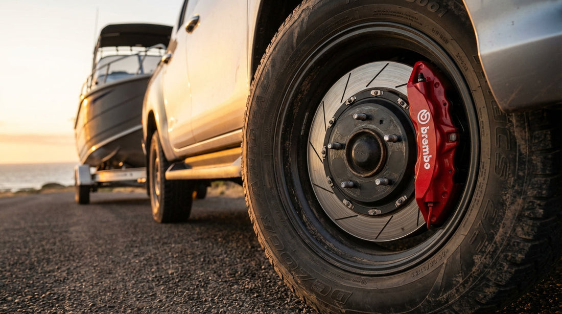 Upgraded heavy-duty brakes with slotted rotors on a Toyota HiLux towing a boat trailer in Australia.