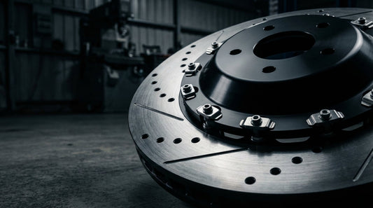 Close-up of a high-performance two-piece floating brake rotor with a machined aluminum center hat and slotted steel disc for track use.