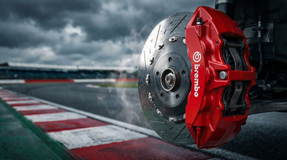 Close-up of high-performance car brakes on a UK racing circuit background for track day setup guide.
