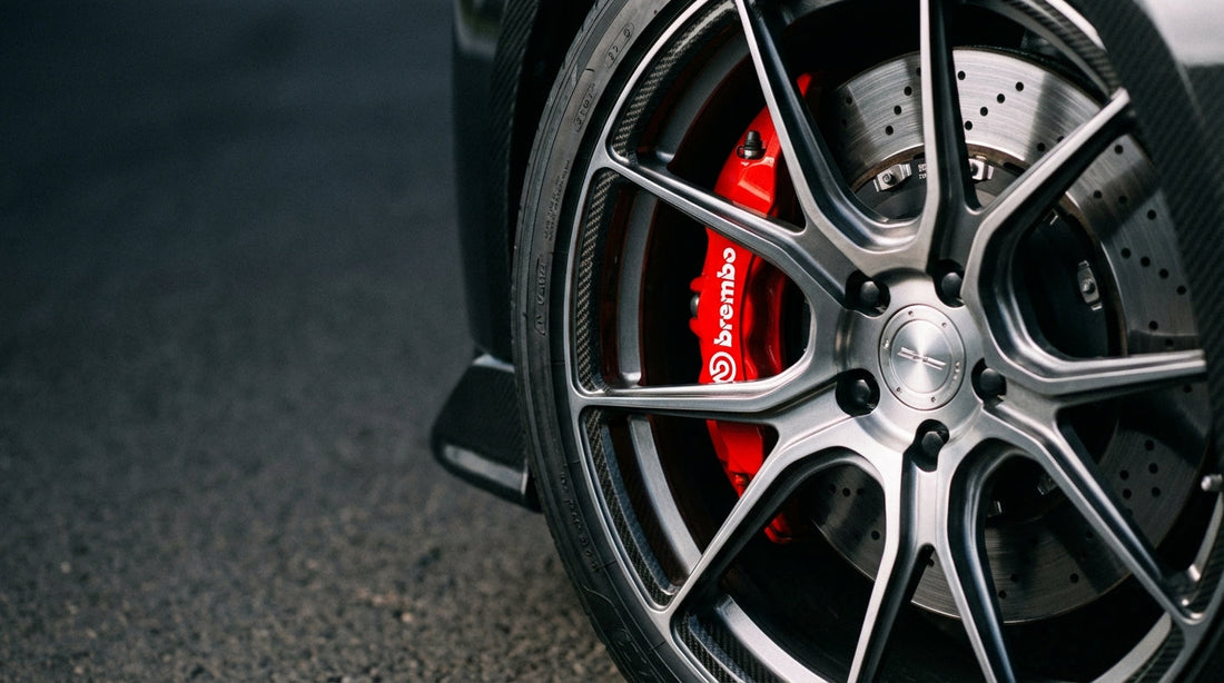 Close-up of a red Brembo brake caliper and performance rotor on a car wheel for a brake pad replacement guide.