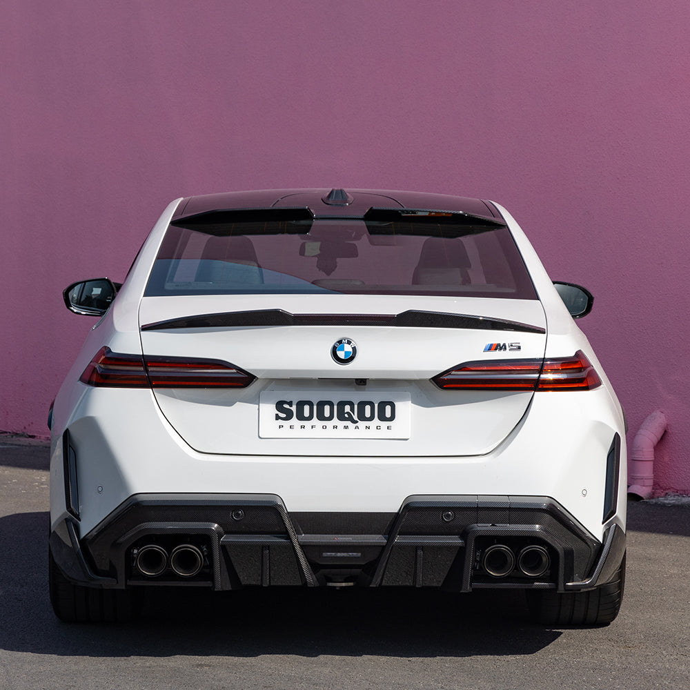 SOOQOO BMW M5 G90 carbon fibre rear diffuser - rear three-quarter view